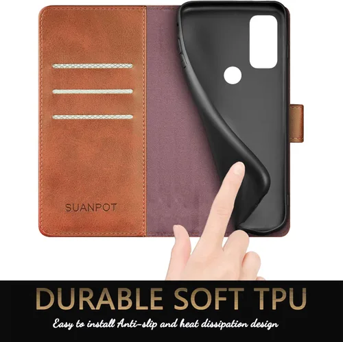 Miniatura 5 de SUANPOT Funda tipo cartera para Motorola Moto G Pure/Play 2023 con bloqueo RFID, tarjetero de poliuretano a prueba de golpes, funda de piel Marrón