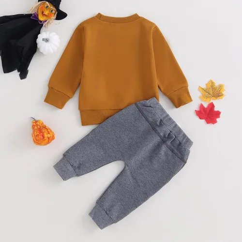 Miniatura 14 de Adobabirl Conjunto de sudadera y pantalones de Halloween para bebé, sudadera y pantalones con parche de calabaza para Halloween, otoño, ropa de bebé