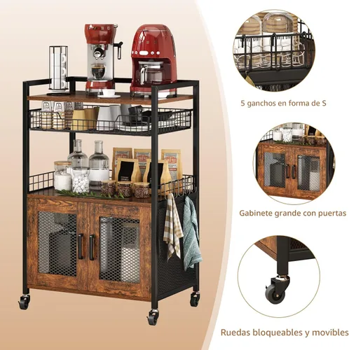 Miniatura 5 de Hencawima Gabinete de barra de café, mesa de estación de café de 3 niveles con ruedas, carrito de barra de 35.9 pulgadas de alto con cajón de cesta