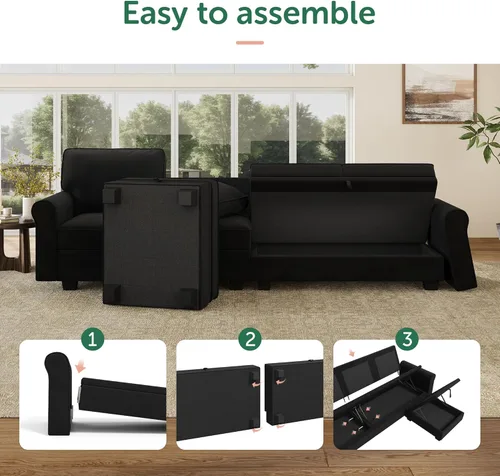 Miniatura 5 de HONBAY Sofá modular convertible con almacenamiento en forma de U con diván reversible para sala de estar, negro medio negro (Mid Black)