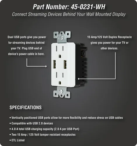 Miniatura 4 de DATA COMM Electronics 45-0231-WH - Caja de salida de medios empotrable USB, gestión de cables en la pared, receptáculo dúplex, puertos USB dobles