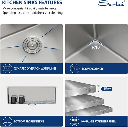 Miniatura 4 de Sarlai Fregadero de cocina de 30 pulgadas de acero inoxidable – Fregadero de cocina de 30 pulgadas con repisa de montaje inferior, estación