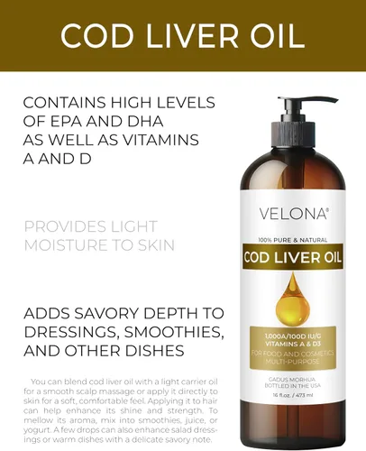 Miniatura 2 de velona Aceite de hígado de bacalao – 8 onzas líquidas 1,000A/100D UI/g Omega 3 Vitaminas A y D3 Aceite nórdico de origen sostenible del Ártico