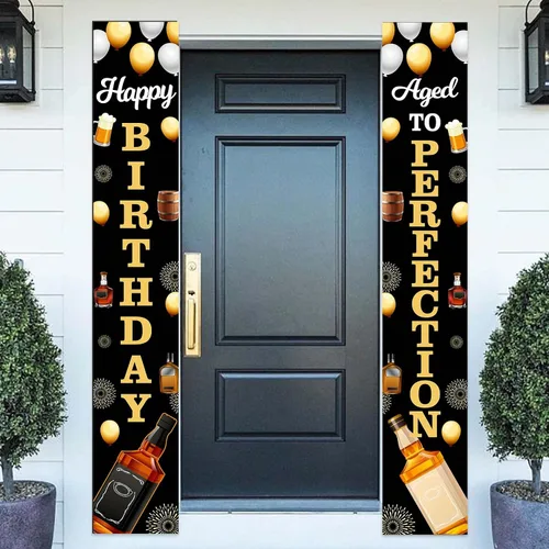 Cartel retro de feliz cumpleaños y envejecido a la perfección con temática de whisky negro y dorado, decoraciones para puerta delantera, porche,