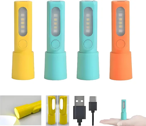 Paquete de 4 mini linternas LED pequeñas, linternas recargables USB C, linterna combinada de linterna de campamento, linternas ultraligeras con zoom