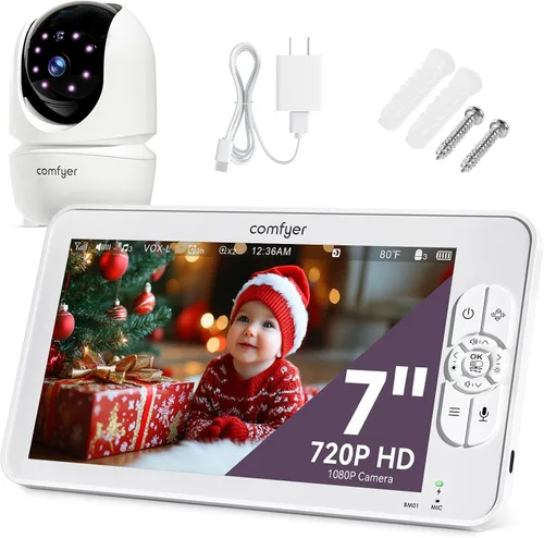 Comfyer - Monitor de bebé con cámara y audio, monitor de vídeo HD 720P de 7" sin WiFi, batería de 6000mAh, modo VOX, visión nocturna automática, a