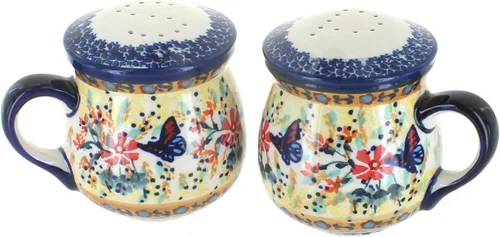 Miniatura 11 de Blue Rose Polish Pottery - Saleros y pimenteros de margaritas rojas con asas - 3.75 pulgadas de alto - Juego de condimentos de cerámica pintados a