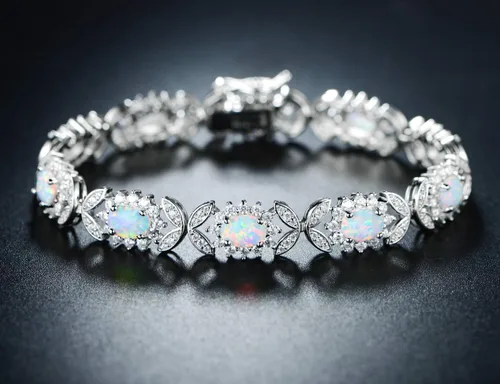 Miniatura 2 de Barzel - Pulsera de cuentas redondas de ópalo de oro blanco o rosa, chapado en oro de 18 k