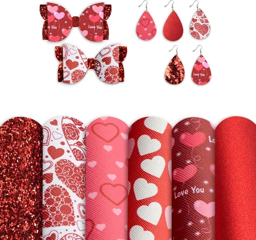 Miniatura 8 de Hying 8 hojas de cuero sintético rosa de San Valentín para manualidades, hoja de cuero sintético con purpurina de 8 x 13 pulgadas, hojas de tela