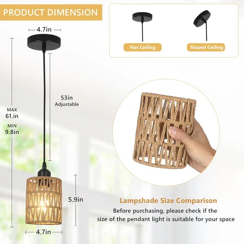 Miniatura 5 de LAMSU Lámparas colgantes de ratán de 1 luz, iluminación colgante bohemia de granja con pantalla tejida a mano de 4.7×5.9 pulgadas, pequeña lámpara