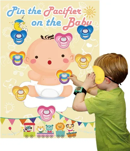 Miniatura 4 de Hxezoc Pin The Pacifier On The Baby Game - Póster grande para fiesta de baby shower, suministros de fiesta de cumpleaños para niños, 72 calcomanías