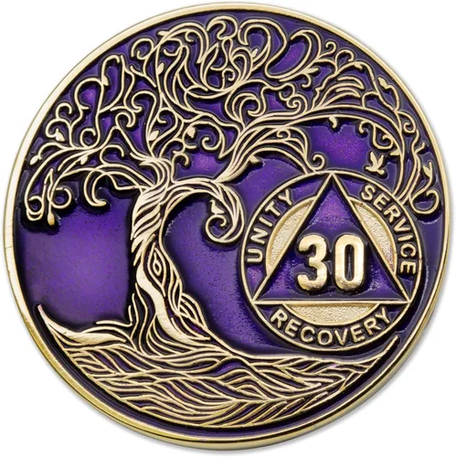 Miniatura 191 de 20 Year Sobriety Mint Twisted Tree of Life - Medallón de recuperación AA chapado en oro, fichas y fichas, color negro