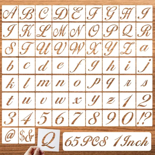 Plantillas de símbolos de 1 pulgada para pintar sobre madera, 65 plantillas de dibujo del alfabeto con letras mayúsculas caligráficas y cursivas,