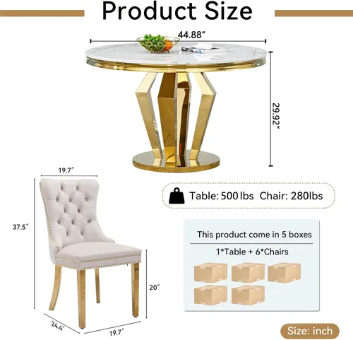 Miniatura 4 de Henf Juego de mesa de comedor redonda de mármol para 6, moderna mesa de comedor de 45 pulgadas con base de acero inoxidable con diseño de diamante