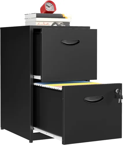 Miniatura 11 de Archivador móvil de 2 cajones con cerradura, archivadores de metal con ruedas, gabinete de almacenamiento enrollable negro, archivador vertical