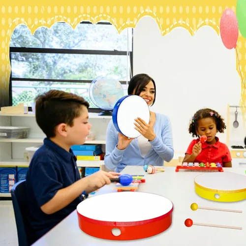 Miniatura 6 de 5 piezas de juego de tambores de mano para niños con marco de madera y baquetas de 12 pulgadas, 10 pulgadas, 8 pulgadas, 6 pulgadas, 4 pulgadas