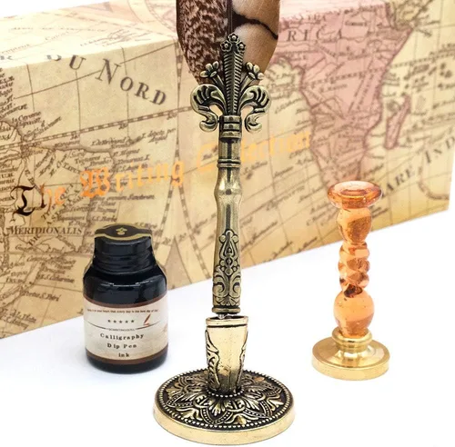 Miniatura 4 de Pluma antigua pluma único medio patrón pluma conjunto con 6 plumas, 1 botella de tinta, 1 sello sello 1 portalápices 1 cera de sellado LL-149