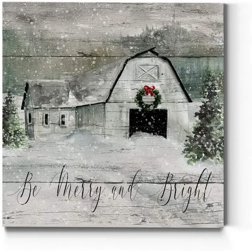 Renditions Gallery Arte de pared "Be Merry and Bright", lindo arte navideño e invernal, granero festivo, aspecto de madera falsa, decoración en
