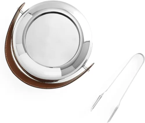 Miniatura 2 de Nambe Tahoe Cubo de hielo con pinzas, accesorio de barra de acero inoxidable y cuero genuino de 6.5 pulgadas para enfriar bebidas, servicio
