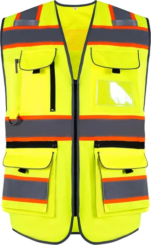 Chaleco de seguridad reflectante de alta visibilidad, clase 2, 10 bolsillos, transpirable y forro de malla, ropa de trabajo (M-2XL, amarillo negro)
