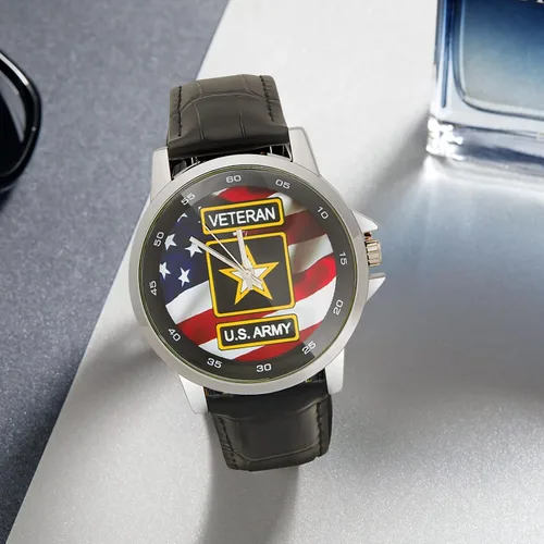 Miniatura 5 de Diseño especial Militar Ejército de los Estados Unidos Veterano y Bandera Americana Personalizada Unisex Acero Inoxidable Correa de Cuero Reloj Caja