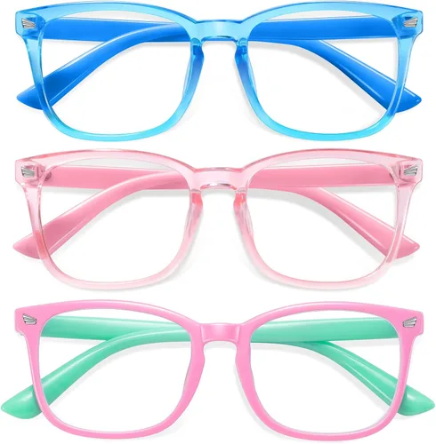 Miniatura 16 de Okany Gafas de luz azul para niños, paquete de 3 gafas de bloqueo de luz azul para niñas y niños, gafas de pantalla de juegos de computadora, Gris