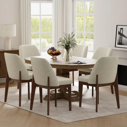 Miniatura 6 de VKNOW Juego de 2 sillas de comedor modernas, sillas de cocina de piel sintética con patas de madera, sillas laterales tapizadas para cocina, Beige