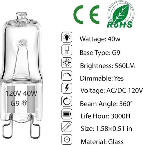 Miniatura 4 de GARTO Bombillas halógenas G9 de 40 W 120 V, 2 pines, sin mercurio, protección ocular sin mercurio, ángulo de haz regulable de 360°, vida útil
