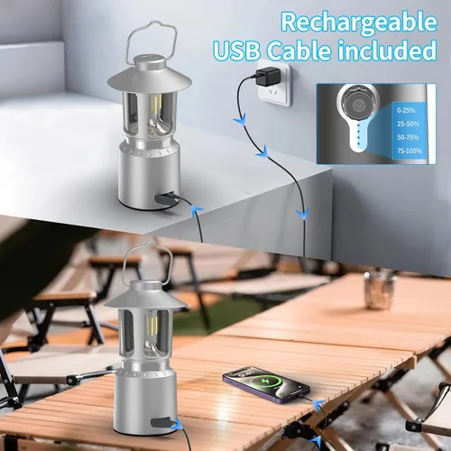 Miniatura 6 de Linterna LED retro clásica para campamento, linterna vintage recargable sin atenuación continua, 3 modos de luz (2000 K-6500 K), banco de energía