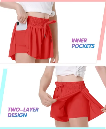 Miniatura 2 de QooNoo Pantalones cortos de mariposa para niñas con bolsillo, pantalones cortos atléticos fluidos de cintura alta para correr para niños