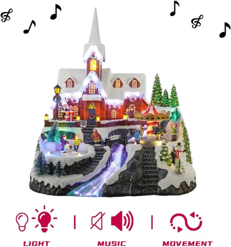 Miniatura 5 de Casa de iglesia de pueblo navideño de 15 pulgadas, escena animada de invierno con patinadores, carrusel giratorio, luces de fibra óptica y música