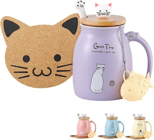 Miniatura 10 de BigNoseDeer Lindas tazas Kawaii de gato, taza de café de cerámica con infusor y tapa, cuchara, taza de té, regalos lindos y geniales para mujeres