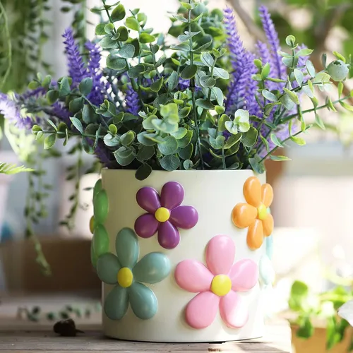 GUGUGO Macetas de flores coloridas, bonitas macetas únicas de arco iris con drenaje, macetas eclécticas retro vintage para plantas de interior y