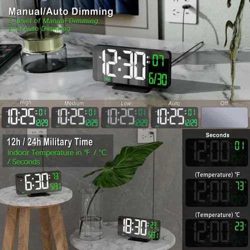 Miniatura 2 de KOSUMOSU Reloj de Escritorio 6.7 pulgadas Reloj Despertador Digital Negro con Alarma Dual, Atenuación, Fecha, Día de la Semana, Temperatura, 12h