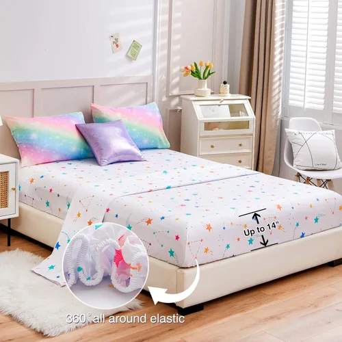 Miniatura 3 de A Nice Night Juego de ropa de cama de 6 piezas con purpurina degradada para niñas, juego de edredón colorido de galaxia arco iris, juegos de ropa