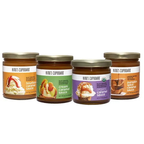 Paquete de 4 caramelos: caramelo crema, caramelo orgánico, caramelo de bourbon y caramelo de especias de calabaza. Salsa de postre gourmet y