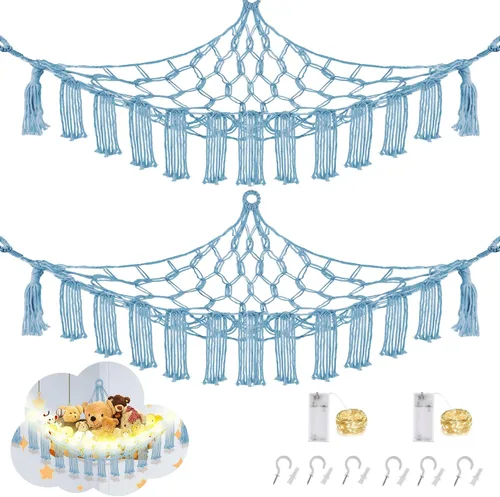 Miniatura 20 de CERETIA Hamaca de animales de peluche con luz LED, red grande de almacenamiento en esquina de animales de peluche para decoración de habitación
