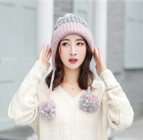 Miniatura 2 de HUAMULAN - Gorro de invierno para mujer estilo peruano con forro polar, solapas para orejas, doble capa, con pompones