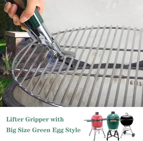 Miniatura 5 de Levantador de rejilla de parrilla de acero inoxidable, agarre de rejilla con cubierta protectora verde. Herramienta elevadora de rejilla compatible