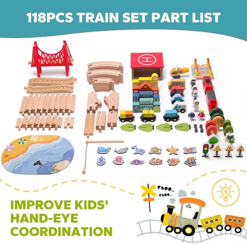 Miniatura 7 de Juego de tren de madera de 118 piezas, juego de tren urbano con tren eléctrico y juego de pesca, compatible con las principales marcas, regalo ideal