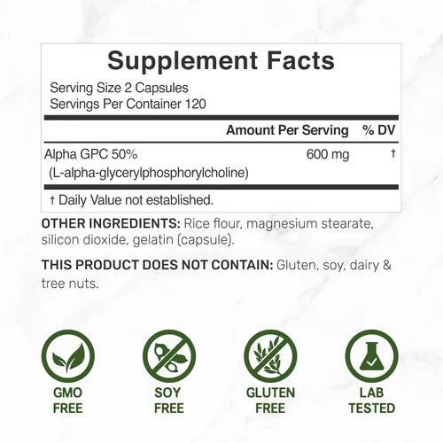 Miniatura 2 de Alpha GPC 600 mg por porción, 240 cápsulas – Reposición de colina biodisponible – Suplementos nootrópicos para la salud cerebral, memoria