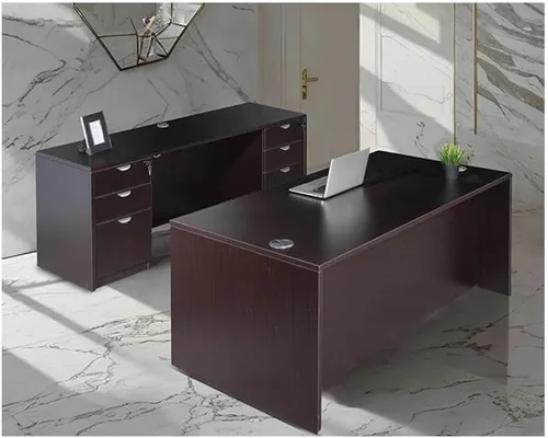 Miniatura 2 de Pemberly Row Juego de escritorio de oficina y credenza, 84 x 66 x 29.5 pulgadas, madera de ingeniería, acabado moca, incluye 1 escritorio, 1