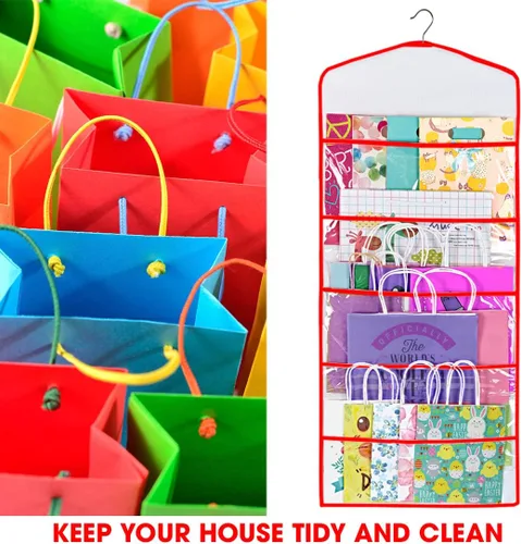 Miniatura 7 de Bolsa de regalo y almacenamiento de papel de seda, organizador colgante con múltiples bolsillos delanteros y traseros de doble cara, organiza papel