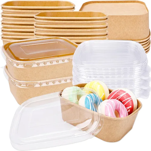 Miniatura 8 de 60 cuencos desechables de papel kraft a granel, rectángulo, extragrueso, a prueba de fugas, recipiente de alimentos con tapa de plástico