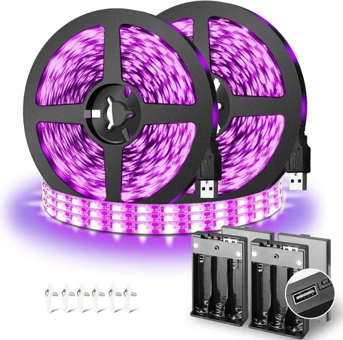 Tira de luces negras de 16.4 pies, funciona con pilas, tira de luz negra USB para fiesta brillante, luces negras de 385-400 nm para dormitorio,