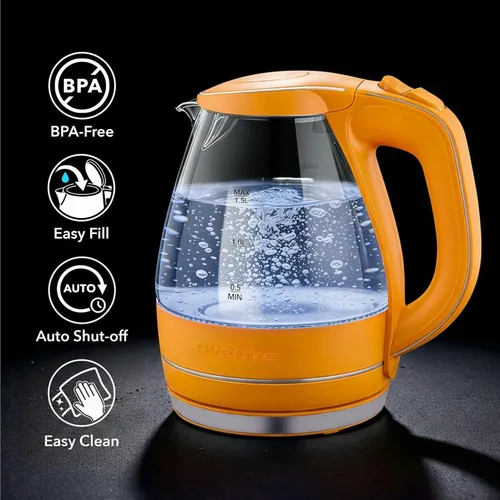 Miniatura 3 de OVENTE Hervidor Eléctrico, 1.5L de Vidrio de Borosilicato para Encimera, Calentador y Hervidor de Agua para Café o Té, Libre de BPA, Apagado Naranja