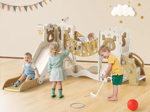 Miniatura 9 de Tobogán para niños, juego 10 en 1 para niños pequeños, nueva actualización con tobogán para niños, tabla de dibujo, juego de golf, aro de baloncesto
