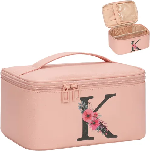 Miniatura 66 de OCHEAL Bolsa de maquillaje personalizada, bolsa de maquillaje beige para mujer, kit de aseo de viaje con monograma, organizador de cosméticos listo