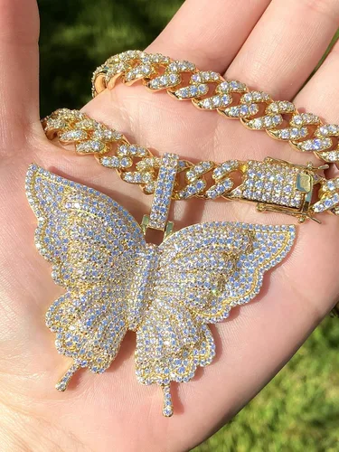 Miniatura 2 de Gargantilla de cadena de eslabones cubanos Miami con acabado de oro de 14 quilates para mujer, collar de raperos de mariposa helada, juego de puntas