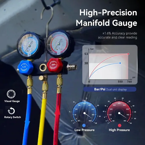 Miniatura 4 de BACOENG R1234YF Bomba de vacío de AC y juego de medidores, kit de bomba de vacío HVAC de 4 CFM con detector de fugas para refrigerante R1234yf R134a